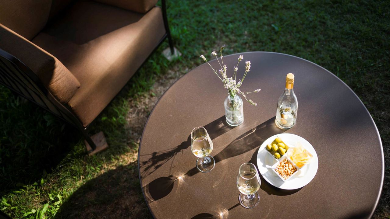 Un tavolo in giardino visto da sopra. Sul tavolo ci sono due calici di vino bianco, la bottiglia di vino, un piatto con patatine, olive e noccioline e un vaso di fiori.