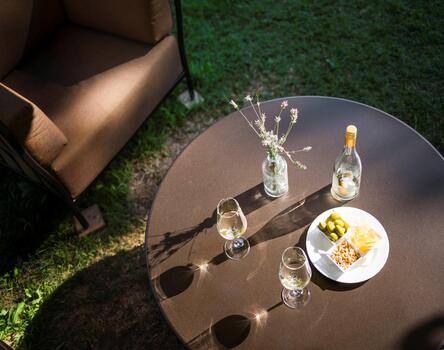 Un tavolo in giardino visto da sopra. Sul tavolo ci sono due calici di vino bianco, la bottiglia di vino, un piatto con patatine, olive e noccioline e un vaso di fiori.