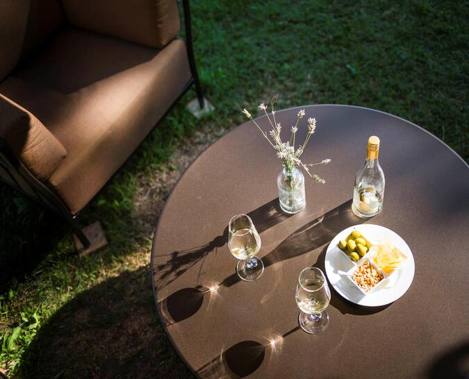 A table in the garden seen from above. On the table, there are two glasses of white wine, the bottle of said wine, a plate with crisps, peanuts and olives, and a vase with flowers.