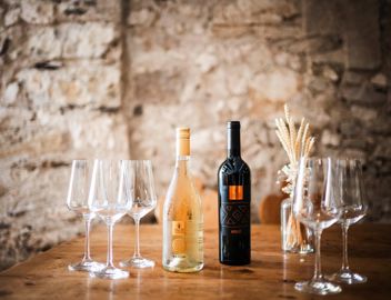 Bottles and glasses for the wine tasting in the wine cellar